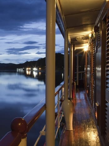 River cruise ship RV River Kwai (Cruise Asia Ltd.) on River Kwai Noi at dusk