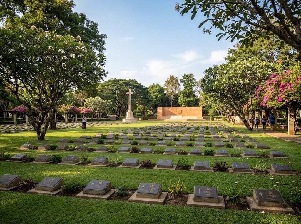 Kanchanaburi War Cemetery (Don Rak) with rows of graves