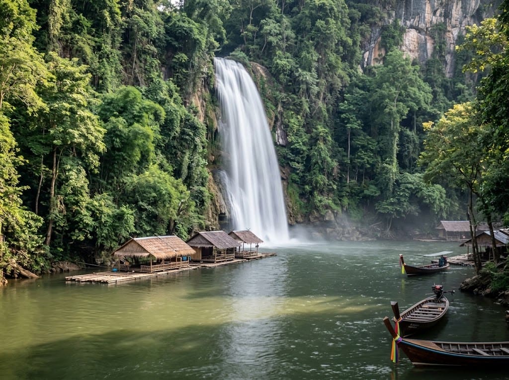 Sai Yok Yai Waterfall flowing into the Kwai Noi River